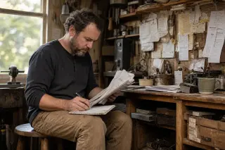 Artisan focused on paperwork in a natural-lit workshop, surrounded by tools and documents, depicted in a candid moment of concentration.