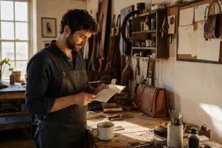 Independent artisan in a small workshop, reviewing a handwritten expense notebook at a cluttered workbench in soft afternoon light