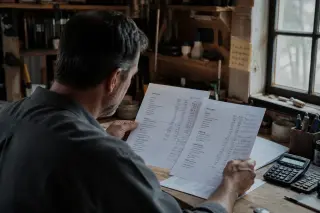 Artisan reviewing printed balance sheets at a cluttered workshop desk in gentle natural morning light, focused and thoughtful, scene viewed from behind.
