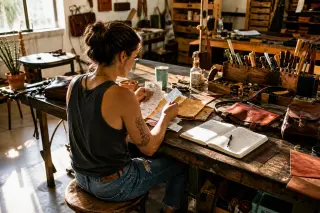 Artisan entrepreneur sorting receipts at a cluttered workshop table, sunlight streaming through, authentic workspace with leather goods and tools