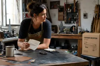 Craftswoman in a real workshop reflecting over a paper invoice, new boxed equipment in the background, warm natural morning light