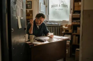 Shopkeeper reviewing receipts and notes at a cluttered desk in a storeroom, lit by soft afternoon light, surrounded by everyday business details.