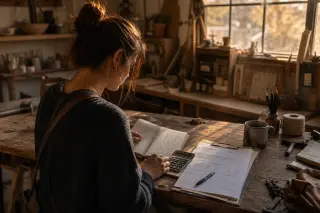 Craftswoman in a workshop, checking financial notes on a cluttered workbench with natural soft light from a window.