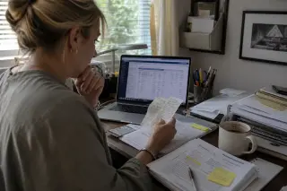 Consultant in a home office, reviewing receipts and documents at her cluttered desk, focused in soft daylight.
