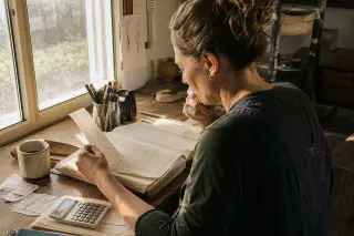 Middle-aged woman in work overalls, lost in thought as she checks a ledger at a worn wooden desk in a softly lit workshop, viewed over her shoulder with daylight and scattered papers adding realism.