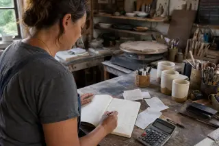 Craftswoman in workshop reviewing handwritten ledger, soft natural light, authentic workspace atmosphere