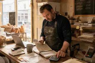 Independent baker in small shop office reviewing notebook and using calculator amid papers and laptop, warm natural morning light, authentic workspace ambiance.