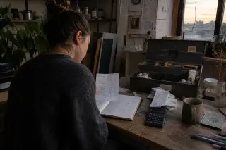 Independent craftsperson checking handwritten expenses and receipts at a workbench in a naturally lit, lived-in atelier