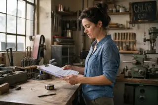 An artisan reviews purchase invoices in a workshop, surrounded by tools and soft daylight, focused on financial paperwork.