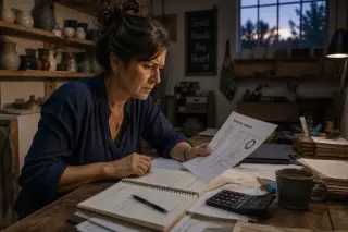 Independent craftswoman reviewing financial papers in her workshop at dusk, focused and intent, surrounded by handmade items and tools.