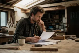 Artisan in a workshop reviewing financial documents alone at a workbench under soft natural light