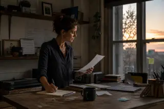 Independent consultant standing near a window in a slightly cluttered workshop, focused on reviewing a document in natural soft evening light.