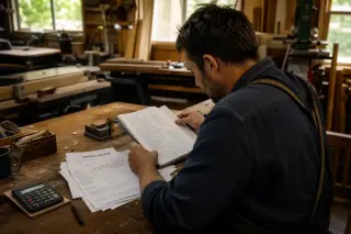 Woodworker in a real workshop, focused on accounting documents at a messy workbench, soft natural light filtering in