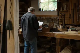 Woodworker reviewing paperwork in a sunlit, lived-in workshop surrounded by tools and materials, seen from the side in a natural, candid moment.