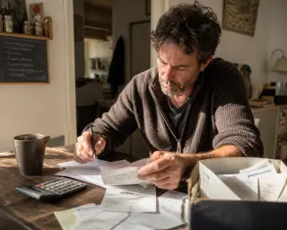 An artisan organizing invoices and papers at a kitchen table, surrounded by receipts, calculator and a shoebox, in soft natural light.