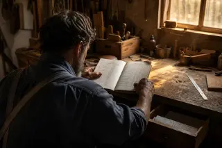 Artisan at his workbench in a small wood workshop, reviewing a ledger under warm natural light, captured from behind for a candid feel.