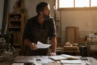 Artisan in a small woodworking workshop at dusk, paused in thoughtful reflection over financial papers on a cluttered workbench, softly lit by natural light.