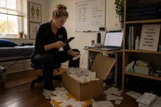 Physiotherapist in a modest office, kneeling to organize old fuel receipts from a shoebox, ambient afternoon light, laptop and documents scattered, natural and unposed atmosphere.