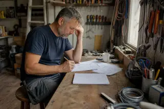 Electrician in a genuine workshop, absorbed in reviewing paperwork at his workbench under soft afternoon light