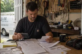 Electrician in a cluttered workshop, sitting at a table filled with invoices and receipts, calculator in hand, focused on his paperwork in soft afternoon light.