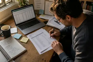 Freelance consultant concentrating on bank statement at a cluttered desk, natural afternoon light illuminating workspace