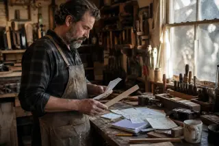 Artisan woodworker in a real workshop, reviewing handwritten notes and timber by a cluttered bench, natural light, and a candid, reflective atmosphere.