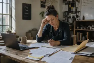 Consultant quietly reviewing documents at a rustic worktable in a sunlit workshop, absorbed in financial reflection.