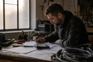Electrician in work clothes reviews paperwork at a cluttered workshop table, focused in quiet evening light.