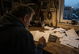 Independent electrician in a workshop, studying finances with calculator and paperwork at a wooden bench, natural side light