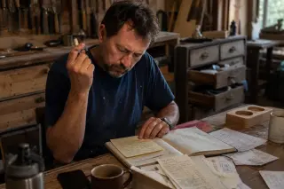 Artisan in a workshop quietly reviewing paper notes and a ledger, morning light highlighting a real workspace filled with tools and drafts.