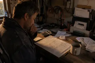 Artisan electrician in a real, slightly messy workshop, reflecting over paperwork at his small desk in soft evening light.