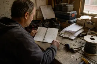 Independent electrician reviewing handwritten finances in a sunlit, slightly messy home workshop, evoking authentic reflection and concentration.
