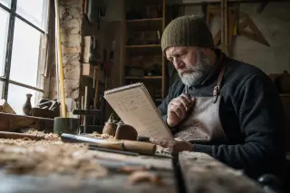 artisan menuisier concentré à son établi, consultant des notes manuscrites dans un atelier baigné d'une lumière naturelle douce