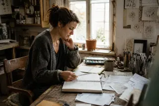 Freelance artist studying her finances in a cluttered, sunlit studio, absorbed in thought amid sketches and paperwork.