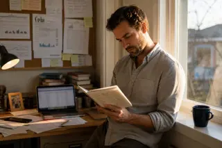 Independent consultant reviewing handwritten notes at a sunlit, lived-in home workspace, absorbed in thought by a window with warm shadows.