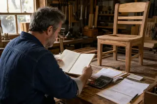 Woodworker in workshop reviewing paperwork and finances in natural morning light