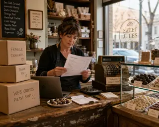 Artisan confiseur vérifiant des commandes en ligne dans sa boutique authentique, entre ordinateur portable et caisse vintage, avec colis en attente et lumière naturelle douce.