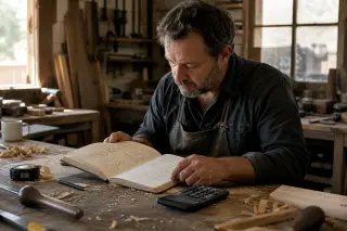 Artisan in a small woodworking workshop, studying notes and calculations at a cluttered workbench in gentle natural light.